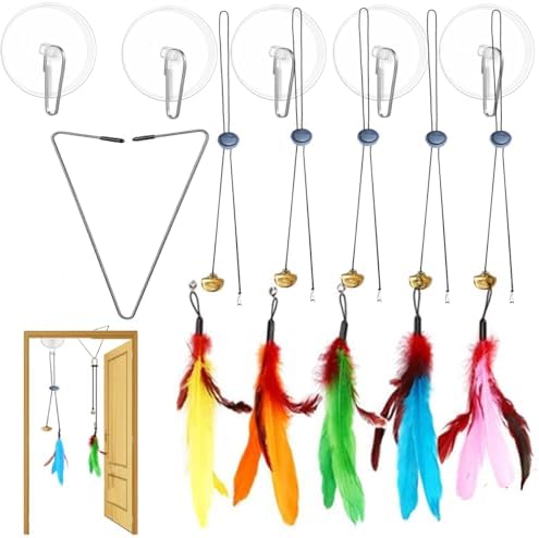 Door Hanging Cat Toys with Suction Cups, Interactive Hanging Feather & Plush Cat Toy with Bell, Assorted Replaceable Refills for Indoor Kitten Hunting Exercise & Boredom Relief (Feather)