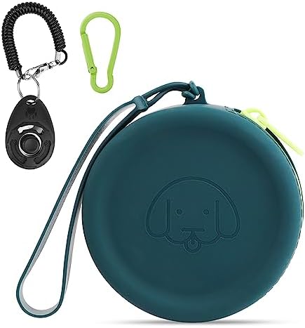WALLFID Silicone Dog Treat Pouch Small Bag,with Pet Training Clicker,Walking Bag for Dog and Cat, Pocket Size, Easy to Clean, Odorless, Zipper Design,Moisture-Proof,Travel Walking Bag.(Dark Green)