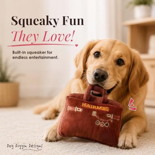 Dog Diggin Designs Hairmes Bag Plush Dog Toy – Squeaky Parody Fashion Dog Toy from Runway Pup Hairmes Collection, Soft Designer Style Toy for Small to Medium Dogs, Cute Interactive Pet Toy