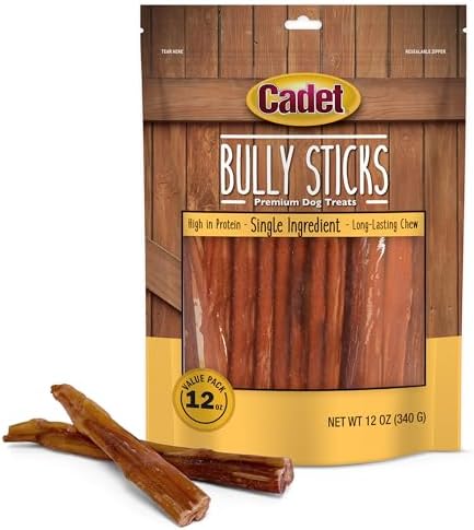 Cadet Bully Sticks for Small Dogs – All-Natural Beef Pizzle, High Protein, Low Fat, Long-Lasting, Grain & Rawhide-Free Dog Chews for Aggressive Chewers, Small (12 Ounce)