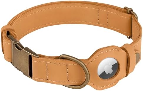 AirTag Dog Collar - Genuine Leather Dog Collar with Apple AirTag Holder and Metal Buckle - Smart GPS Tracking Pet Collars (Light Brown, XL, 20"-25" Neck Fit)