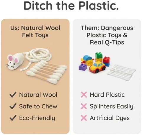 Glaciart One Cat Qtip Toy Set, Felt Mice Cat Toy & Cotton Swab Cat Toy, Wool Felt Cat Toys for Indoor Cats