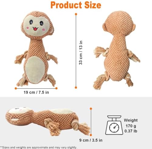 Light Brown Monkey Plush Chew Dog Toy, 13 in, Squeaker and Rope