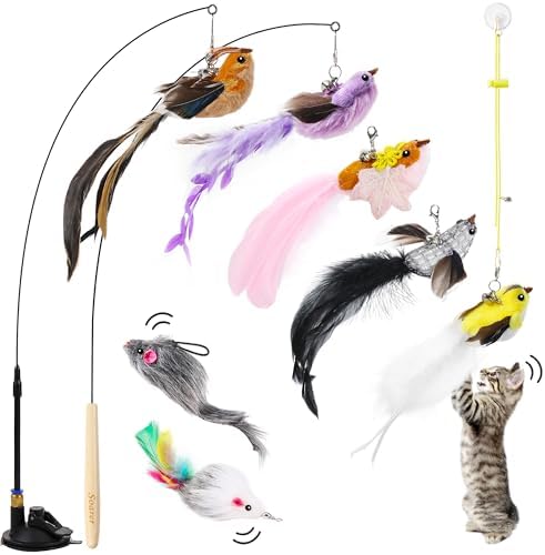 Soarer 3in1 Flying Bird Cat Wand Toys with Suction Cup for Indoor Cat,7Pcs