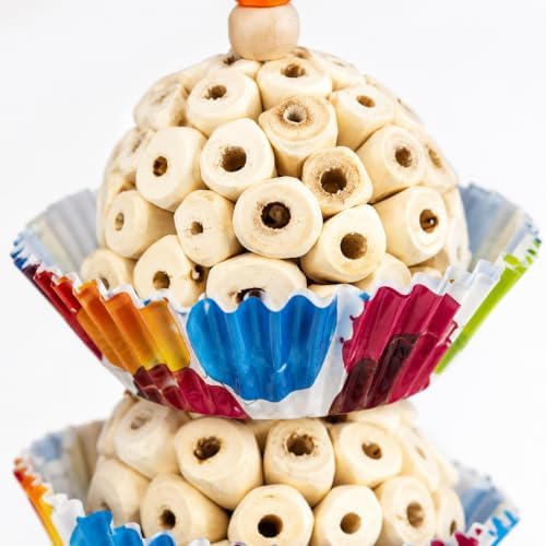 Bonka Bird Toys 1931 Three Cake, 11.75" Hanging Bird Toy with Sola Balls, Cupcake Cups, Wooden Beads, Bell, and Straw, Chewable and Shreddable.