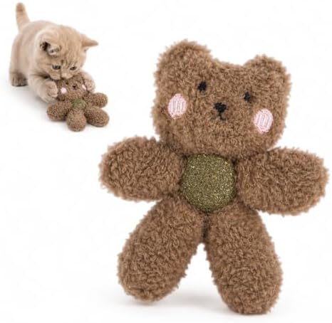 Plush Catnip Toys for Indoor Cats, Interactive Kitten Chew Toys for Teething & Dental Care, Durable Nylon Animal Shape Kicker Toy with Natural Catnip Ball for Boredom Relief (Bear)