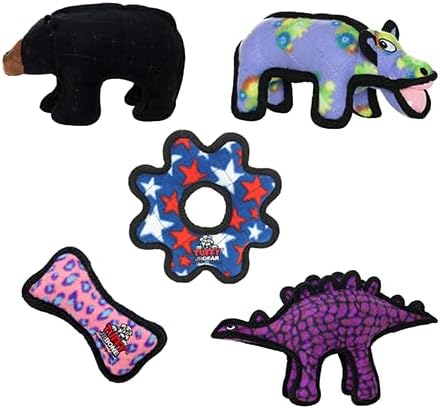 TUFFY® 5 Pack Jr Bear, Hippo, Bone, Stego & GearRing Durable Plush Dog Toys