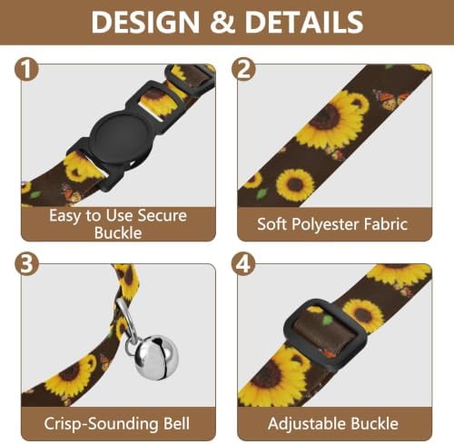 Yellow Sunflowers Butterflies Brown Collar with Bell for Dog Puppy 2 Pack Cat Collar Adjustable 10.6 to 17.1 Inches
