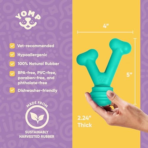 Yomp FunnyBone MAX: All-Natural Rubber Dog Toy, Nontoxic, Safe for Pet Play, Teal Colored, Dishwasher Safe, Freezer Safe for Teething Relief, Fun Dog Bone Toy