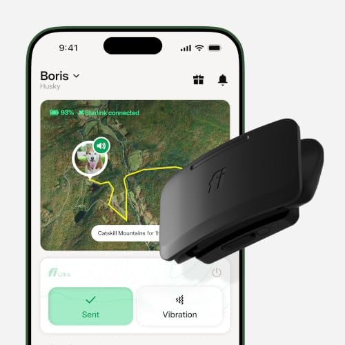 Fi Ultra Satellite Dog Tracker [12 Month Membership Included] Real-Time GPS Tracking, Waterproof, Powered by T-Satellite with Starlink, Sound & Vibration Recall Technology