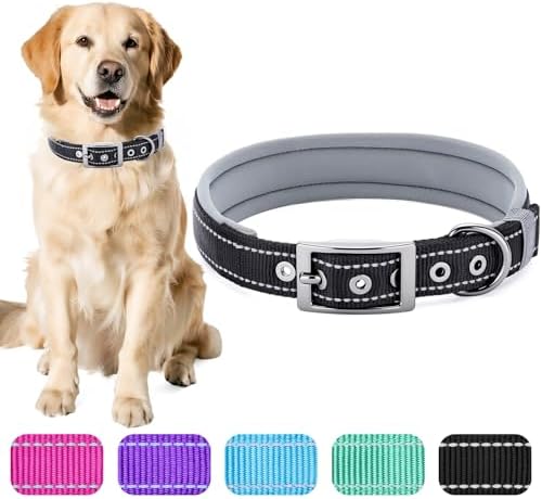 Segarty Reflective Dog Collar for Large Dogs, Adjustable Wide Soft Comfortable Breathable Neoprene Padded Nylon Collar with Heavy Duty Metal Buckle for Large Medium Breeds (L, Black)