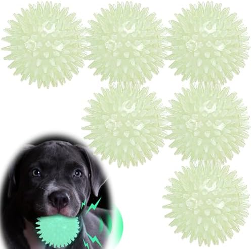 LECHONG 6-Pack Glow in The Dark Squeaky Dog Balls, Spiky Dog Toy Balls, Durable Glowing Rubber Fetching Ball for Small & Medium Dogs Nighttime Playing Indoors & Outdoors