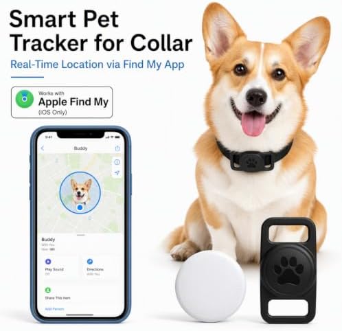 Smart Pet Location Tag with Holder – No Subscription, Compatible with Apple Find My (iOS Only), Lightweight Silicone Case, Clip-On Anti-Loss Accessory for Dog & Cat Collars, Bags (Black&White)