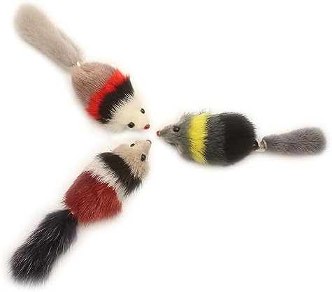 Fosrion Real Mink Fur Cat Toy with Three Section Retractable Carbon Fiber Rod for Cats (3 Mink Fur Mouse, Only Tail)