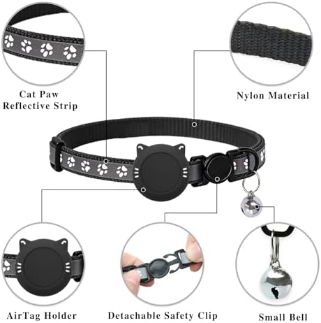 Tensho 2-Pack Breakaway Cat Collar with Airtag Holder, Bell（Black and Pink）