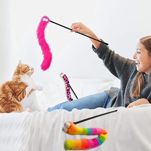 Cat Wand Toys with Bright Furry Critter Tails and Bells, 3-Pack