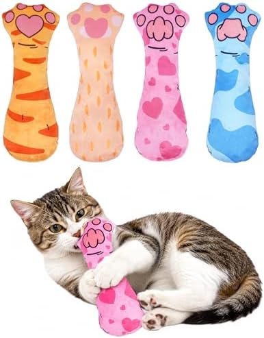 PET SHOW 4 Pack Cat Kicker Toys with Catnip Crinkle Sound Cat Toy Random Assorsted Stuffed Plush Kittens Paw Shape Natural Interactive Toys for Indoor Cats