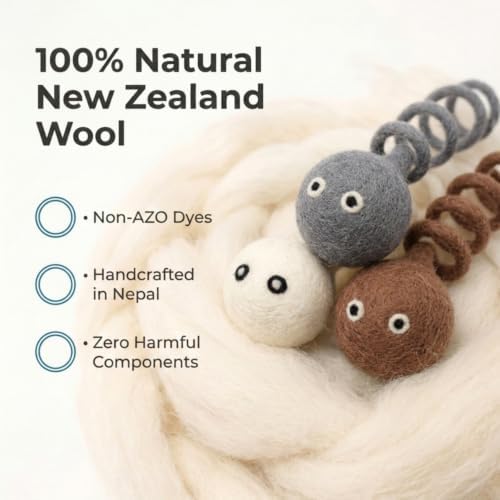 Glaciart One Felt Spring Cat Toy – 3 Pcs Soft Fuzzy Enrichment 100% Natural Wool - Interactive Stretchable Play Set - Safe for Pets, Non-AZO Colored Dyes - 4” Long