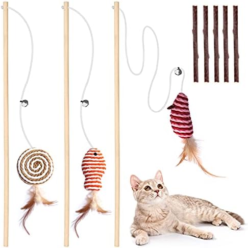 KABB Cat Toys for Indoor Cats, 3pcs 16 Inch Natural Wood Cat Teaser Wand Toy with Teaser Refills for Cat Kitten Having Fun Exerciser Playing, Bonus 5pcs Catnip Sticks for Cat Teeth Cleaning