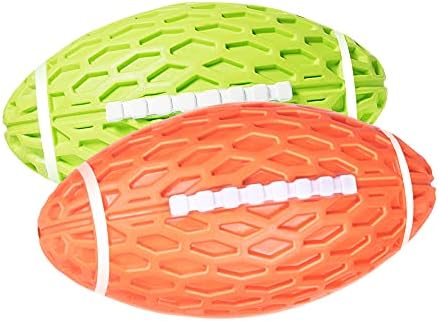 AUSCAT 2PCS Squeaky Dog Football Toy, Dog Chew Toy, Tough Rubber Dog Ball for Small Medium Dogs, Green and Orange, Small Size, 4.1''