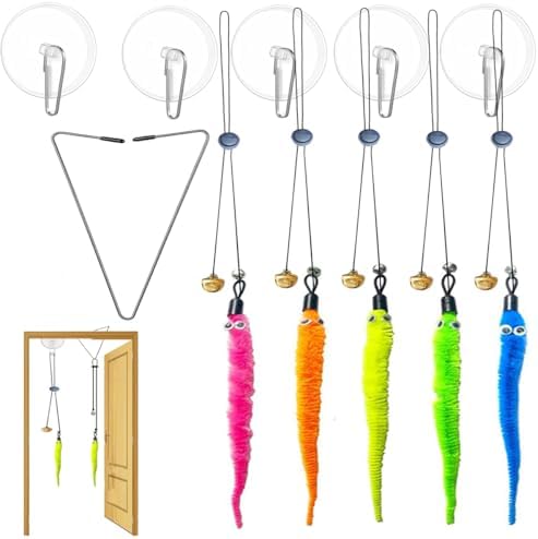 Door Hanging Cat Toys with Suction Cups, Interactive Hanging Feather & Plush Cat Toy with Bell, Assorted Replaceable Refills for Indoor Kitten Hunting Exercise & Boredom Relief (caterpillar)