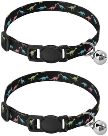 Colorful Dinosaurs Black Pet Collar 2 Pack for Kitten Adjustable Length 10.6" to 17.1"