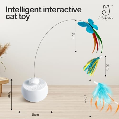 Migipaws Interactive Cat Toys, Butterfly & Feather Kitten Toy,Automatic Spinning Ball for Indoor Bored Cats,Self Play Intelligent Touch Senser, 3 Replacements