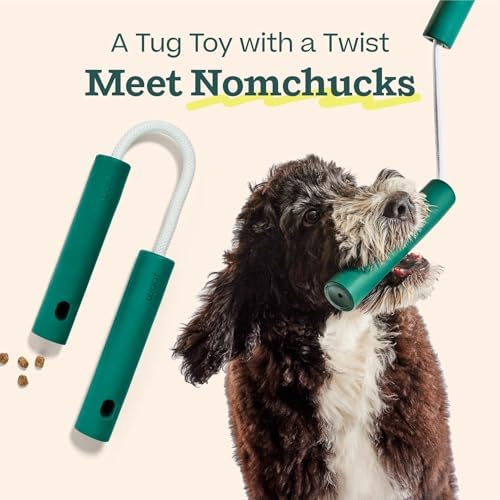 WOOF Nomchucks Dog Puzzle & Tug Dual Purpose Toy | 3 interactive zones, treat-dispensing design, natural rubber, durable rope, easy to clean, Woof Puzzle Treat compatible
