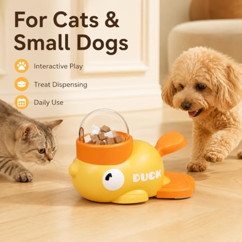 Interactive fuzzibud cat Treat Toy & Duck Treat Dispenser for Dogs - Slow Feeder cat Feeder Puzzle for Boredom Relief, Puzzle Toy with 3 Lids (Little Yellow Duck Food Spiller)