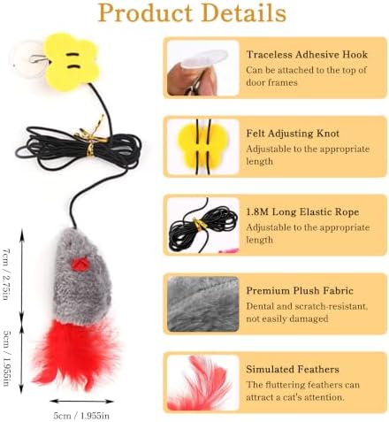 Hanging Door Cat Toy with Elastic String, Interactive Cat Toys for Indoor Cats, Retractable Door Hanging Cat Teaser with Bell/Feather/Plush (Plush Mouse 3 Pack)