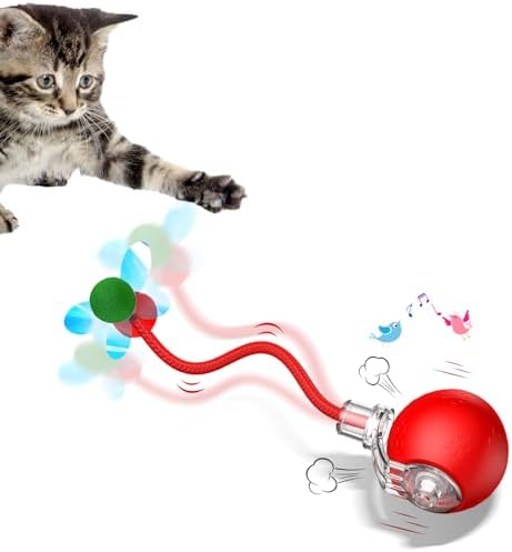 Interactive Dog Cat Toys, Automatic Moving Cat Toys for Bored Indoor Adult Cats, Fast Rolling, Chirping & Motion-Activated Kitty Toys, Fun Gift for Dogs/Cats, USB Rechargeable (Red)