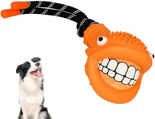 Pufferfish Shape Rubber Dog Toy with Detachable Squeaky Tennis Ball & Rope, Interactive Durable Chew Toys for Dogs, Safe Non-Toxic Material, Clean Teeth Design (Orange)