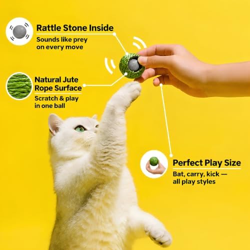 ZEZE Pea Pod Jute Rope Ball Cat Toy Set, 3 Removable Jute Balls with Rattle Inside, Scratch & Play Combo, Pea Pod Storage, Interactive Cat Toy for Indoor Cats