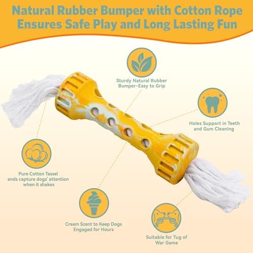 Indestructible Dog Toys for Aggressive Chewers, Rubber Rope Dog Chew Toys for Teething for Medium/Large Dogs, Interactive Dog Toys to Keep Them Busy Outdoors, Cream Flavor, Yellow/White