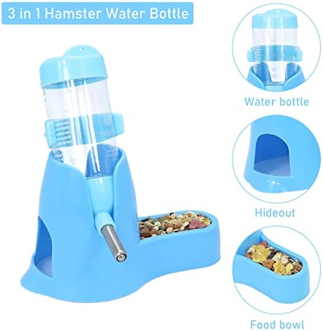 Wontee 3 in 1 Hamster Water Bottle with Food Bowl Hideout Base, 80ML, Blue