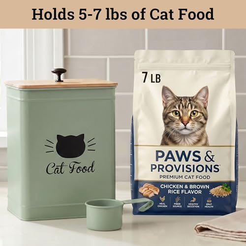 Metal Cat Food Container with Scoop 5-7 lb (25 Cup), w/ Airtight Bamboo Lid