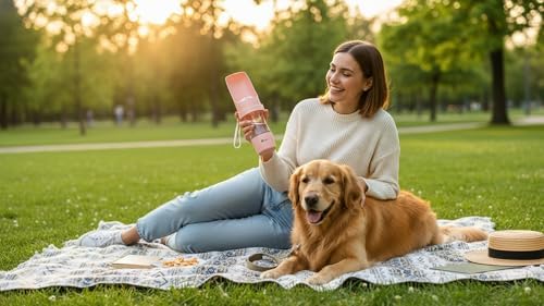 Argo's Pack 2-in-1 Portable Dog Water Bottle with Food Container, 250ml Water + 180ml Food, Foldable Bowl, Leak-Resistant Travel Dispenser for Walking & Hiking (Pink)