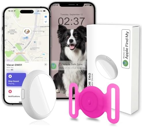 GPS Tracker for Dogs, Mini GPS Cat Tracker, IPX8 Waterproof GPS Trackers for Cats with Holder, No Monthly Fee, Work with Apple Find My(iOS Only), Smart Trackers for Dogs-YGPink-2