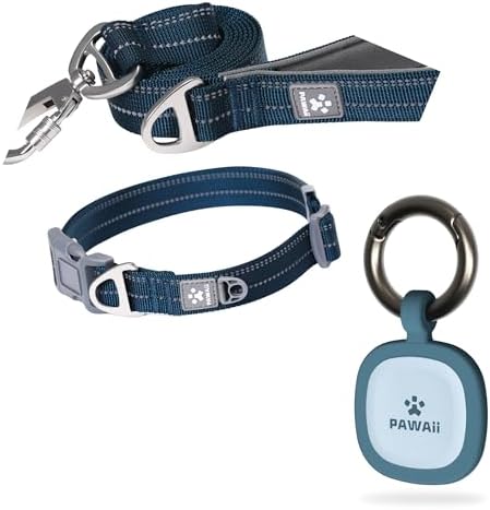 Pawaii Dog ID Tag, and Dog Collar and Leash Set(Deep Blue)