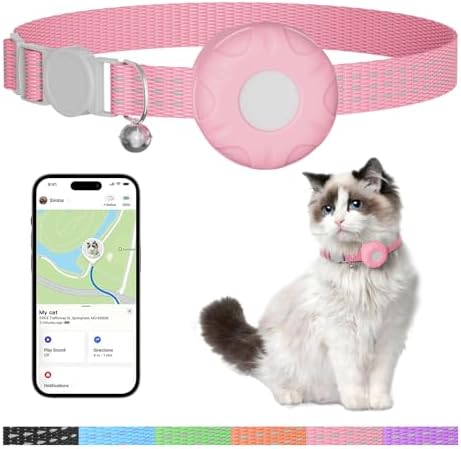 Cat Tracker, No Monthly Fee GPS Tracker Compatible with Apple Find My App(Only iOS), Waterproof Cat Tracker Collar with Bell and Safety Elastic Buckle, Up to 1-Year Battery (Pink)