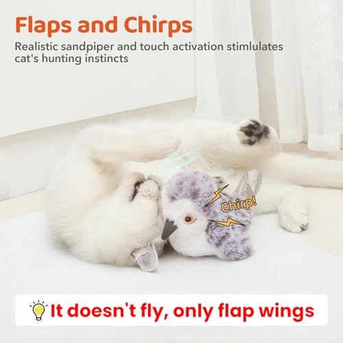 Potaroma Cat Toys Flapping Bird (No Flying), Lifelike Sandpiper Chirp Tweet, Rechargeable Touch Activated Kitten Toy Interactive Cat Exercise Toys for All Breeds Cat Kicker Catnip Toys 4.0" | Lifelike Sandpiper Chirp, Touch Activated, Rechargeable Kitt...