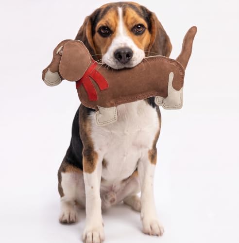 Fuzzl Eco Leather Sizzles the Dachshund Dog Toy - Natural & Tough Light Brown Leather Chew | Durable Toy for Moderate Chewers | 100% Jute Filling & Double Stitched