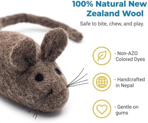 Glaciart One Felt Mouse Cat Toy – Soft Fuzzy Enrichment 100% Natural Wool - Interactive Catnip Play Cat Toy Set - Safe for Pets, Non-AZO Colored Dyes - 100” Long