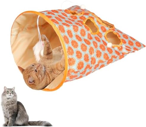 Cat Tunnel Bag for Indoor Cats, Foldable Pet Tunnel Crinkle Sack Bag with a Little Mouse & 3 Toy Ball, Portable Crinkle Paper Interactive Hide and Seek Cat Toys (Orange)