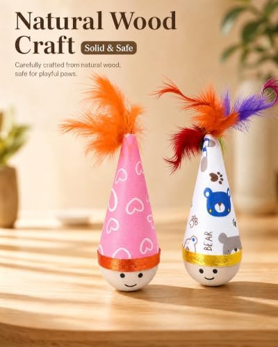 Wooden Wobble Cat Toy,Interactive Self-Righting Wobble Cat Toy with Feather