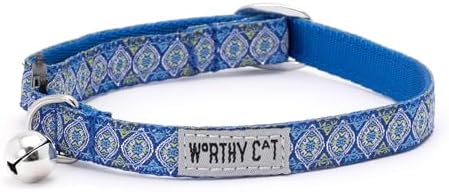THE WORTHY DOG Graphic Pattern, Breakaway Cat Collar, with Bell, Blue