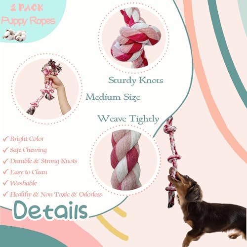 2-Pack Dog Rope Toy Durable Cotton Dog Chew Toys for Aggressive Chewers Interactive Tug of War and Teeth Cleaning for Small to Medium Breed Pets(Pink, Medium)