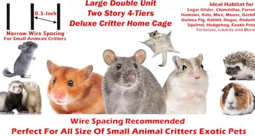 Two Full Story Deluxe Double Unit Critter Home Cage Double Durable Front Doors Safety Lock Tight 1/2-inch Wire Spacing for Feisty Ferret Hammock Chinchilla Cat Rat Gerbil Sugar Glider On Wheels