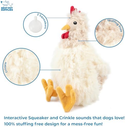 Best Pet Supplies Interactive Squeaky Dog Chew Toy, Ideal Dog Toys for Chewers, Small, Medium & Large Dogs, and Fetch Lovers - Crinkle Chicken (Brown, Beige, Wine Red), Large