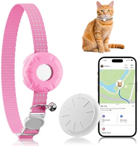 Cat Tracker, GPS Tracker, Compatible with Apple Find My App(Only iOS), Waterproof Cat Tracker Collar with Bell and Safety Elastic Buckle, No Monthly Subscription Fee, Up to 1-Year Battery (Pink)